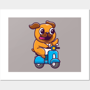 Cute Dog Riding Scooter Cartoon Posters and Art